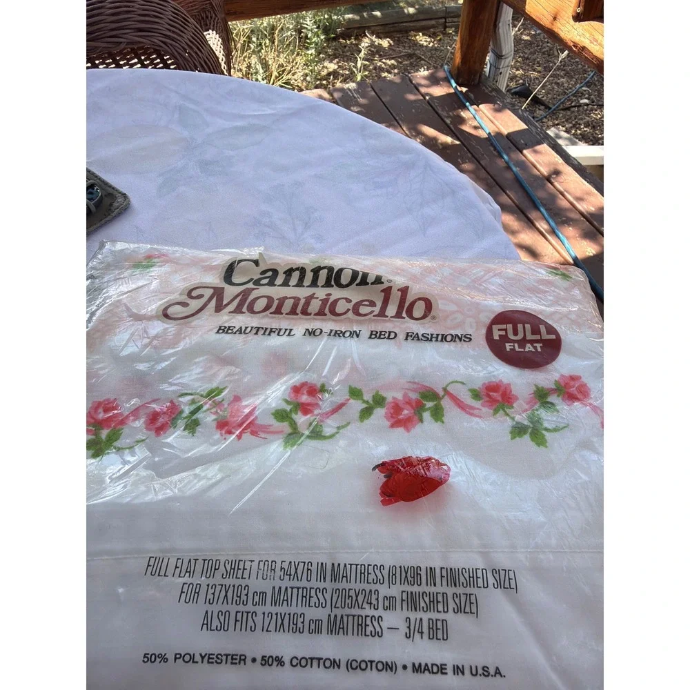 Vintage Cannon Monticello Full Flat Sheet Pink Gingham Rose Floral Border USA